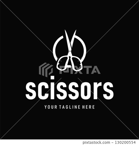 barber tool scissors logo design, with a simple concept of a black scissors silhouette as a symbol or brand for business products and also a poster template 130200554