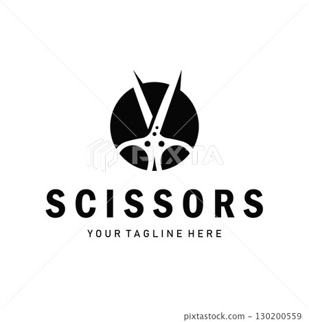 barber tool scissors logo design, with a simple concept of a black scissors silhouette as a symbol or brand for business products and also a poster template barber tool scissors logo design, with a simple concept of a black scissors silhouette as a symbol or brand for business products and also a poster template 130200559
