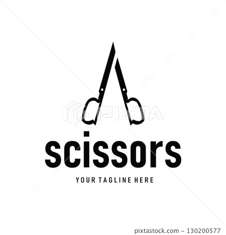barber tool scissors logo design, with a simple concept of a black scissors silhouette as a symbol or brand for business products and also a poster template 130200577