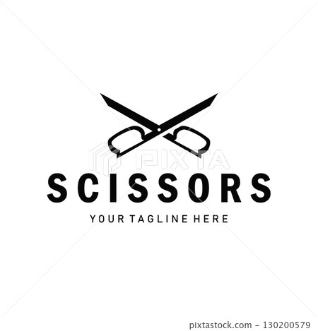 barber tool scissors logo design, with a simple concept of a black scissors silhouette as a symbol or brand for business products and also a poster template 130200579