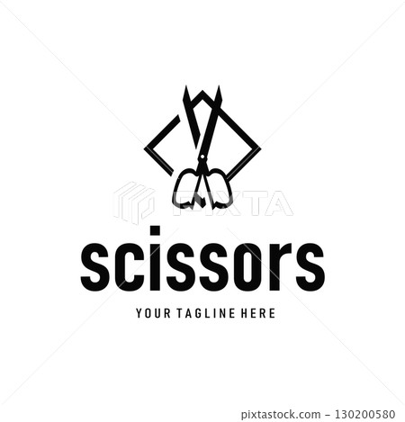 barber tool scissors logo design, with a simple concept of a black scissors silhouette as a symbol or brand for business products and also a poster template barber tool scissors logo design, with a simple concept of a black scissors silhouette as a symbol or brand for business products and also a poster template 130200580