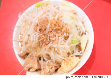 Jiro-style ramen topped with back fat and a mountain of vegetables 130200651