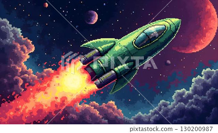 Vintage pixel art depicting a green rocket ship navigating the night sky, surrounded by twinkling stars Vintage pixel art depicting a green rocket ship navigating the night sky, surrounded by twinkling stars 130200987