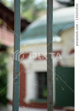 Delicate spider web stretched between two metal bars in sharp focus, with a blurred historic building in red and white tones in the background 130201030