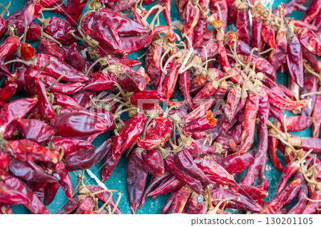 Close-up of famous Hungarian dried red pepper or paprika in souvenir shop 130201105