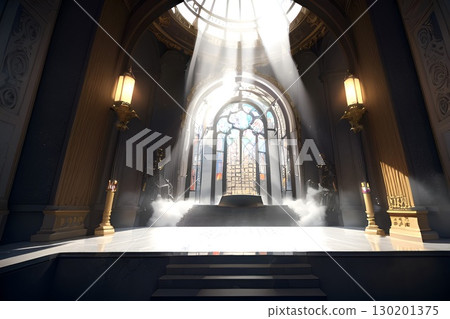 遊戲背景：哥德式奇幻大廳，有彩色玻璃、大理石地板和柱子 130201375