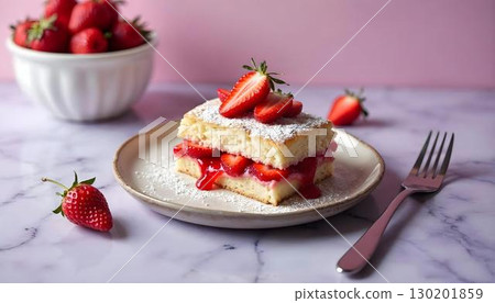 A slice of strawberry shortcake, beautifully topped with strawberries, representing a refreshing spring dessert option 130201859