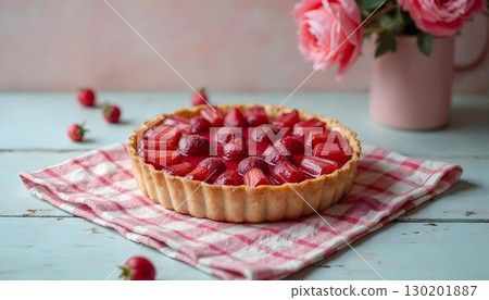A small pie adorned with fresh cherries is displayed on a table, highlighting a spring dessert of rhubarb tart 130201887