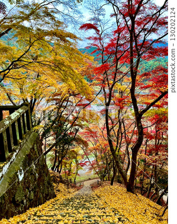 Stone steps decorated with autumn leaves 130202124