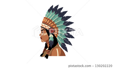 Native American man wearing traditional feather headdress profile vector illustration 130202220