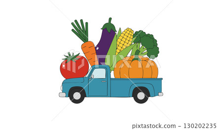 Blue Pickup Truck Carrying Fresh Vegetables Including Pumpkin Carrot Eggplant Tomato Corn Broccoli 130202235