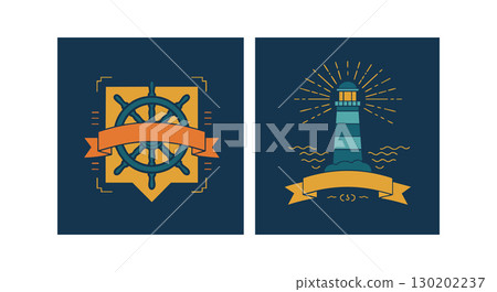 Nautical ship wheel and lighthouse icons with orange ribbons on navy blue background 130202237