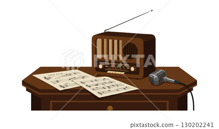 Vintage radio with microphone and sheet music on wooden table vector illustration Vintage radio with microphone and sheet music on wooden table vector illustration 130202241