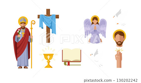 Christian religious symbols with saint bishop cross chalice angel and dove vector illustration 130202242