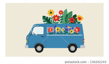 Blue van with colorful flowers and green leaves vector illustration 130202243