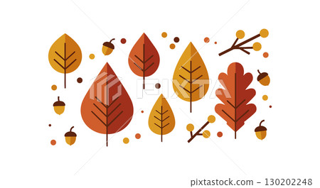 Autumn Leaves and Acorns Vector Illustration with Orange and Brown Colors in Flat Style Autumn Leaves and Acorns Vector Illustration with Orange and Brown Colors in Flat Style 130202248