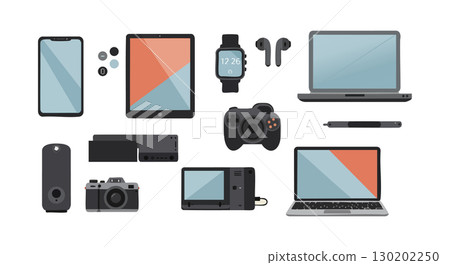 Electronic devices collection including smartphone tablet smartwatch camera laptop and gaming controller vector illustration Electronic devices collection including smartphone tablet smartwatch camera laptop and gaming controller vector illustration 130202250