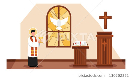 Priest holding chalice near altar with dove stained glass window religious scene vector illustration Priest holding chalice near altar with dove stained glass window religious scene vector illustration 130202251