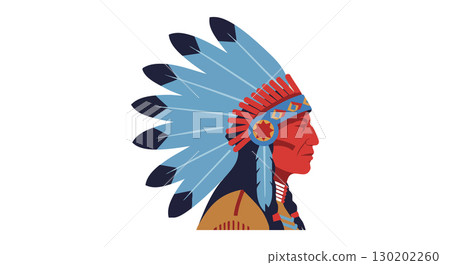 Native American Chief Wearing Blue Feather Headdress Profile Illustration Vector 130202260