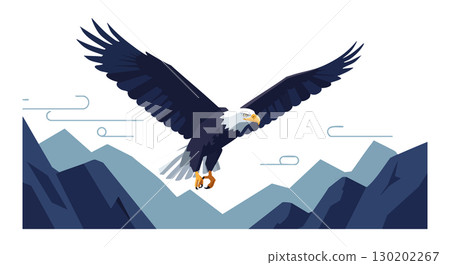 Bald eagle soaring over mountain landscape vector illustration with blue tones and clear sky 130202267