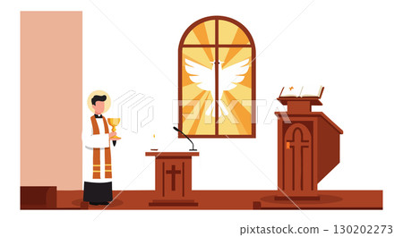 Priest holding chalice in church with stained glass window vector illustration Priest holding chalice in church with stained glass window vector illustration 130202273