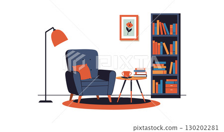 Comfortable Armchair with Bookshelf and Reading Lamp in Cozy Reading Corner Comfortable Armchair with Bookshelf and Reading Lamp in Cozy Reading Corner 130202281