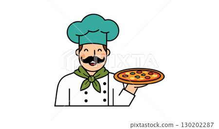 Chef character holding pizza illustration with mustache and green scarf vector Chef character holding pizza illustration with mustache and green scarf vector 130202287