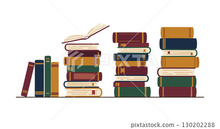 Stacks of various colored books with one open book flying pages vector illustration Stacks of various colored books with one open book flying pages vector illustration 130202288