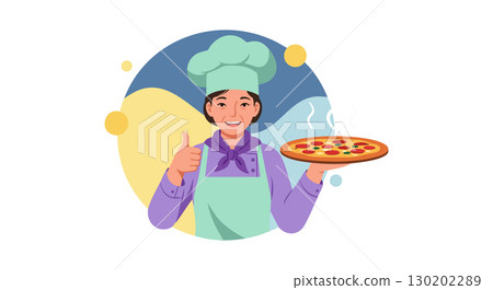 Chef holding pizza and giving thumbs up vector illustration with colorful background 130202289