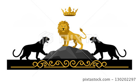 Lion standing on rock with golden crown and two black panthers illustration vector 130202297