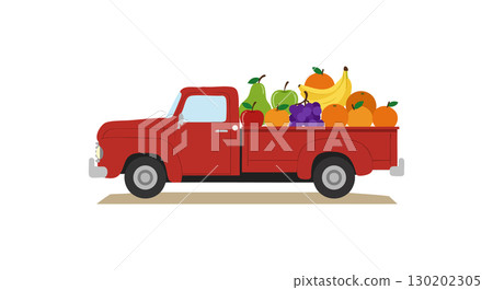 Red Pickup Truck Loaded with Various Fresh Fruits Vector Illustration Red Pickup Truck Loaded with Various Fresh Fruits Vector Illustration 130202305