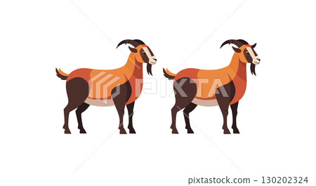 Two brown mountain goats standing side by side natural wildlife animals vector illustration Two brown mountain goats standing side by side natural wildlife animals vector illustration 130202324