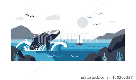 Whale breaching ocean waves with sailboat and rocky coastline in blue tones vector illustration 130202327