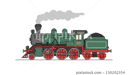 Vintage green steam locomotive with coal tender vector illustration transport design Vintage green steam locomotive with coal tender vector illustration transport design 130202354