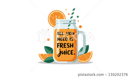 Fresh orange juice in mason jar with green straw and slices vector illustration 130202376