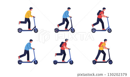 People riding electric scooters in various poses and colorful outfits vector illustration 130202379