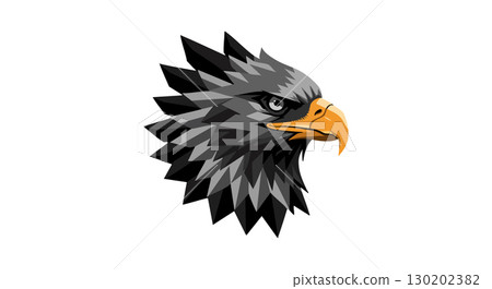 Fierce eagle head vector illustration with sharp feathers and orange beak 130202382