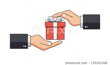 Hands giving and receiving red gift box with white ribbon illustration vector 130202386