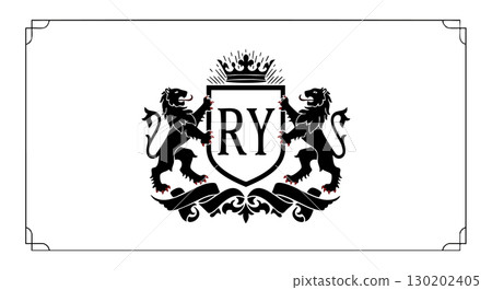 Royal Emblem with Crown and Lions Heraldic Shield Vector Illustration Design 130202405