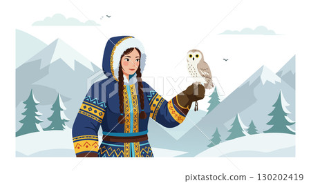 Woman in traditional winter clothing holding owl in snowy mountain forest landscape vector illustration 130202419