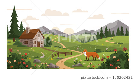 Fox in natural countryside landscape with house and pine trees vector illustration Fox in natural countryside landscape with house and pine trees vector illustration 130202421