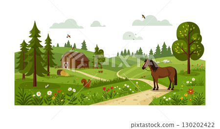 Horse standing on path near barn and forest with birds and flowers countryside scene vector Horse standing on path near barn and forest with birds and flowers countryside scene vector 130202422