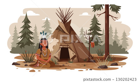 Native American Woman Sitting Near Teepee in Forest Landscape with Trees and Plants Native American Woman Sitting Near Teepee in Forest Landscape with Trees and Plants 130202423