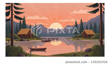 Mountain Sunset Lake Landscape with Wooden Cabins and Rowboat Vector Illustration 130202426