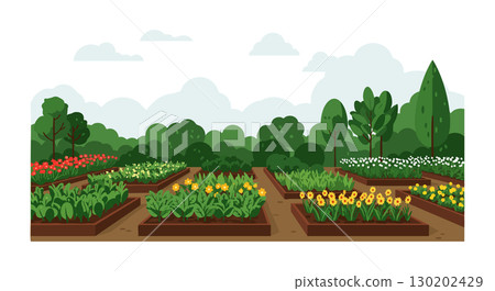 Vegetable and Flower Garden Beds with Green Trees and Cloudy Sky Vector Illustration Vegetable and Flower Garden Beds with Green Trees and Cloudy Sky Vector Illustration 130202429
