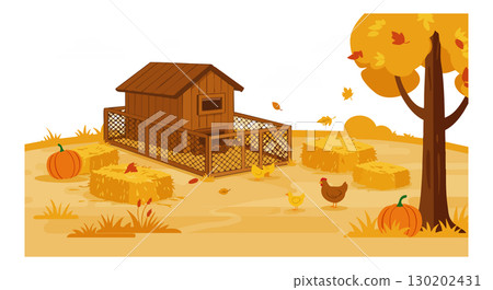 Autumn farmyard scene with chicken coop pumpkins and hay bales in fall landscape vector illustration 130202431