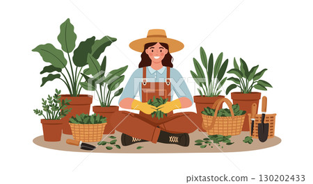 Female Gardener Working with Green Plants in Pots and Baskets Vector Illustration Female Gardener Working with Green Plants in Pots and Baskets Vector Illustration 130202433