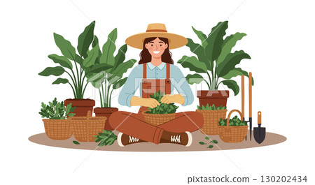 Woman gardener harvesting fresh herbs with pots and gardening tools vector illustration Woman gardener harvesting fresh herbs with pots and gardening tools vector illustration 130202434