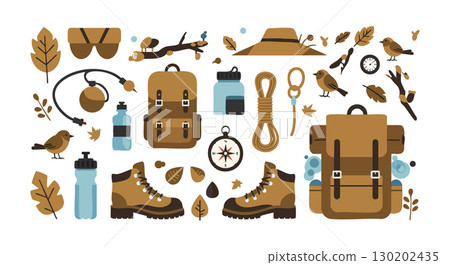Hiking gear and autumn nature elements vector collection with boots and backpacks Hiking gear and autumn nature elements vector collection with boots and backpacks 130202435