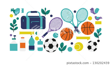 Sports equipment and balls with birds and plants vector illustration in colorful style Sports equipment and balls with birds and plants vector illustration in colorful style 130202439